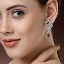 Rhodium Plated Geometric Floral Red American Diamond Contemporary Long Drop Earrings