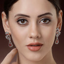 Rhodium Plated with Stylish Flower Design Red & White American Diamond Small Drop Earrings