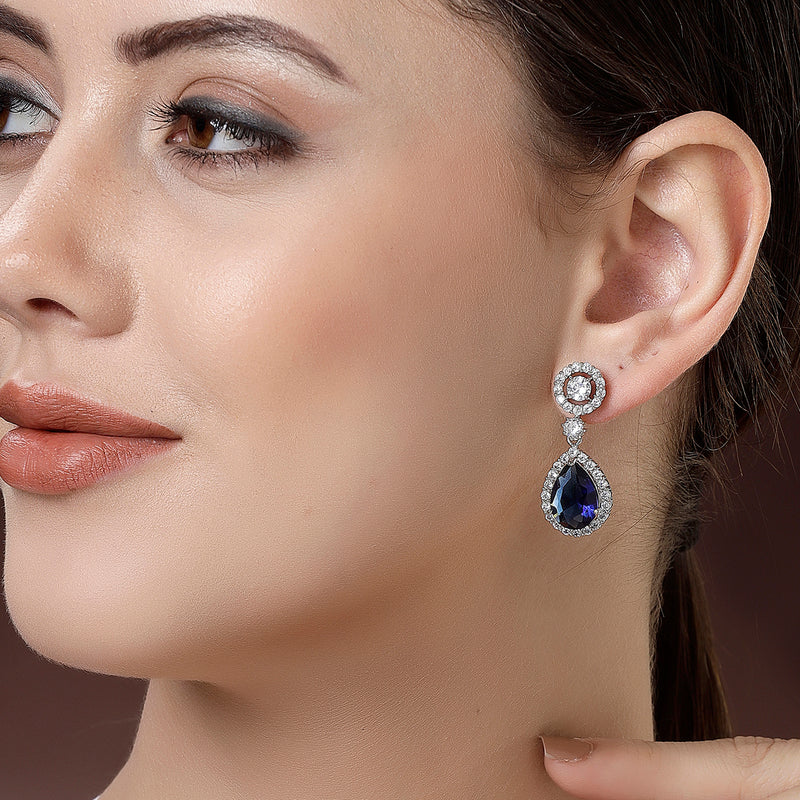 Rhodium Plated with Blue & White American Diamond Circular & Teardrop Shaped Drop Earrings