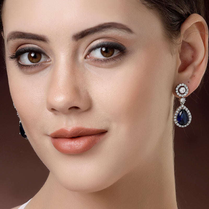 Rhodium Plated with Blue & White American Diamond Circular & Teardrop Shaped Drop Earrings