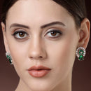 Rhodium Plated with Green & White American Diamonds Circular Shaped Stud Earrings