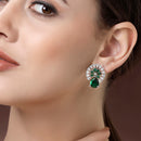 Rhodium Plated with Green & White American Diamonds Circular Shaped Stud Earrings
