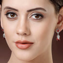 Rhodium Plated Silver Toned with Red American Diamond Small Drop Earrings