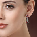 Rhodium Plated Silver Toned with Red American Diamond Small Drop Earrings