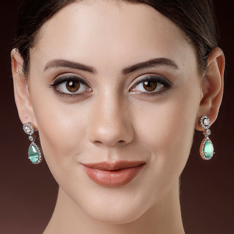 Rhodium Plated with Ocean Blue & White American Diamond Circular & Teardrop Shaped Drop Earrings