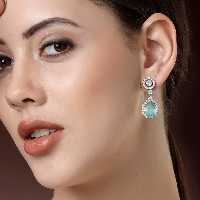 Rhodium Plated with Ocean Blue & White American Diamond Circular & Teardrop Shaped Drop Earrings