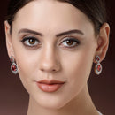 Rhodium Plated with Red American Diamond Dual Teardrop Design Drop Earrings