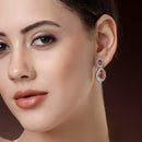 Rhodium Plated with Red American Diamond Dual Teardrop Design Drop Earrings