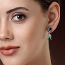 Rhodium Plated Silver Toned with Green American Diamond Small Drop Earrings