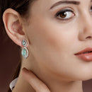 Rhodium Plated with Ocean Blue American Diamond Dual Teardrop Design Drop Earrings