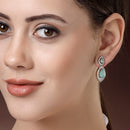 Rhodium Plated with Ocean Blue American Diamond Dual Teardrop Design Drop Earrings