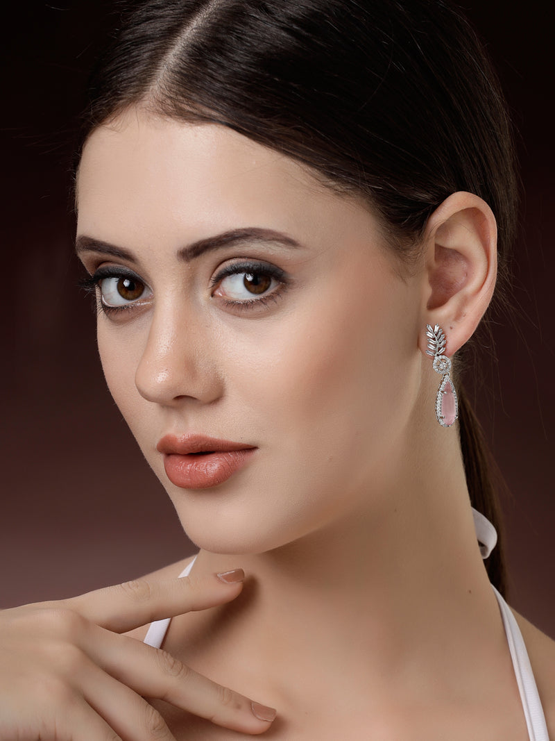 Rhodium Plated Silver Toned with Pink American Diamond Small Drop Earrings