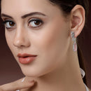 Rhodium Plated Pear Pink American Diamond Contemporary Long Drop Earrings