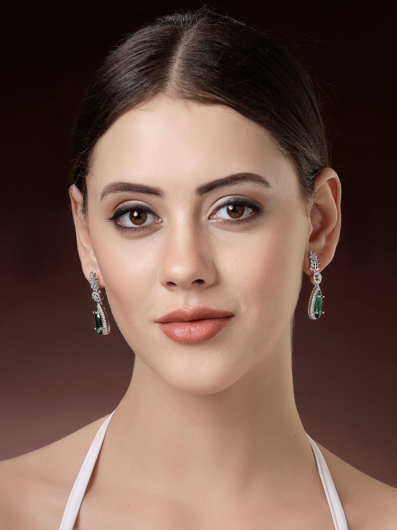 Rhodium Plated Silver Toned with Green American Diamond Small Drop Earrings