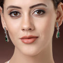 Rhodium Plated Silver Toned with Green American Diamond Small Drop Earrings