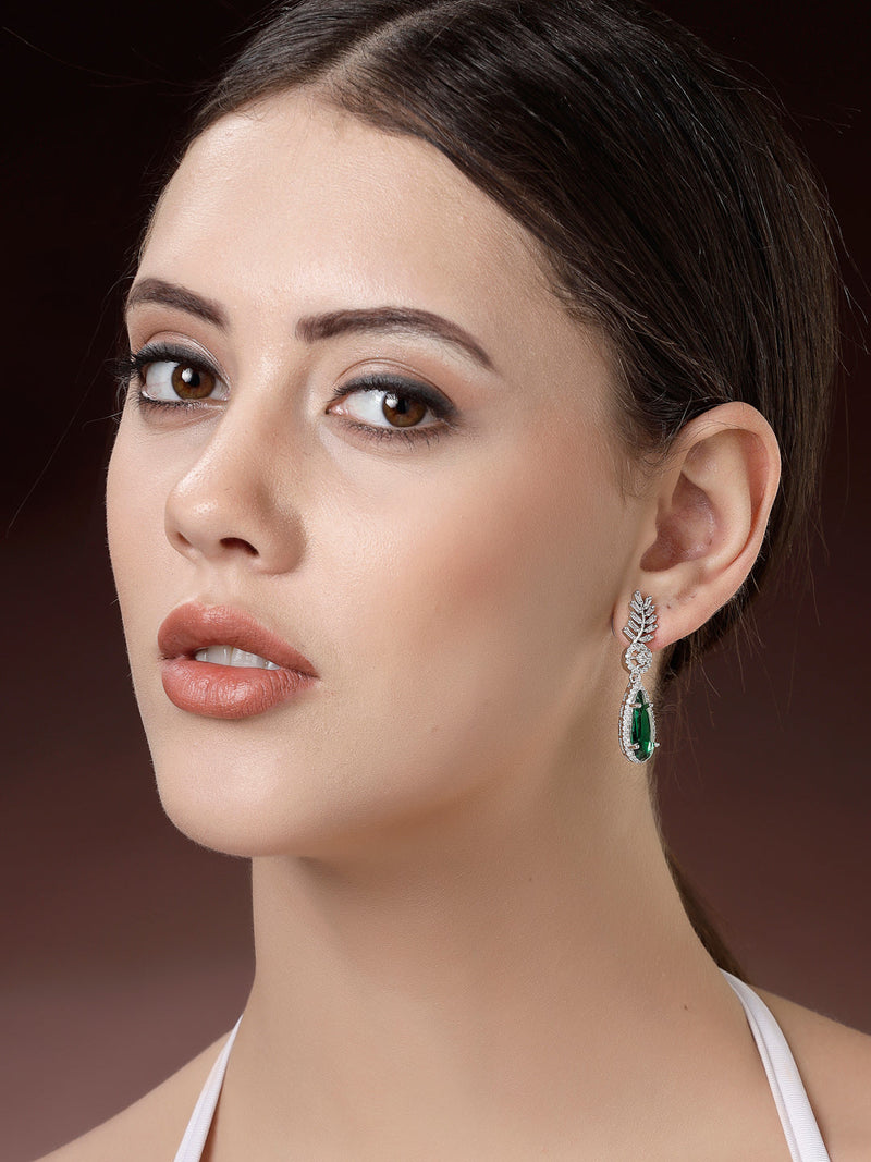 Rhodium Plated Silver Toned with Green American Diamond Small Drop Earrings