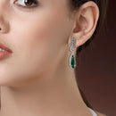 Rhodium Plated Silver Toned with Green American Diamond Small Drop Earrings