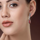 Rhodium Plated Pear Red American Diamond Contemporary Long Drop Earrings