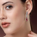 Rhodium Plated Pear Red American Diamond Contemporary Long Drop Earrings