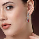 Rhodium Plated Silver Toned with Red American Diamond Small Drop Earrings