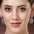 Rhodium Plated Teardrop Blue American Diamond Contemporary Long Drop Earrings