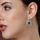 Rhodium Plated Silver Toned with Teardrop Shaped White American Diamond Drop Earrings