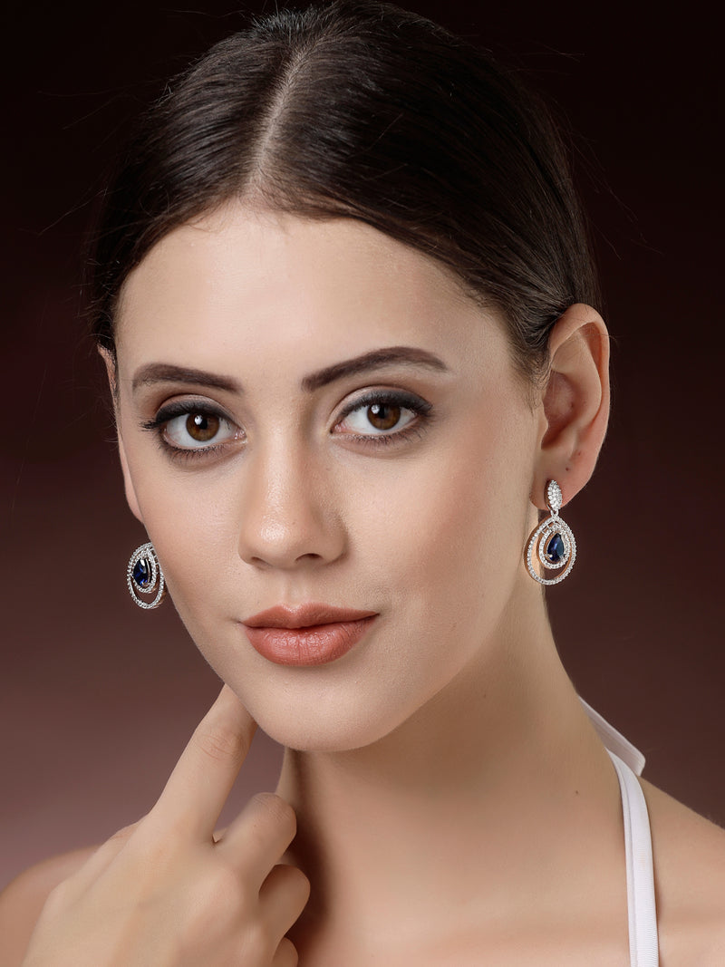 Rhodium Plated Silver Toned with Teardrop Shaped White American Diamond Drop Earrings