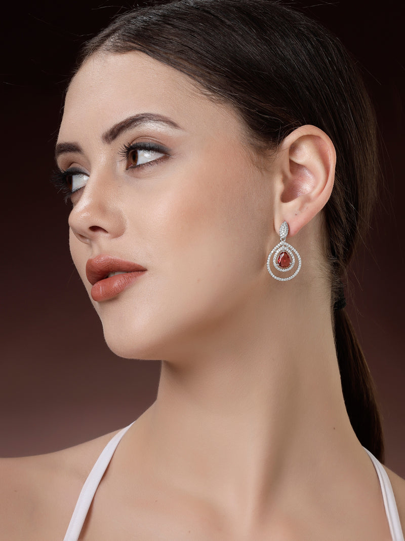 Rhodium Plated Silver Toned with Teardrop Shaped White American Diamond Drop Earrings