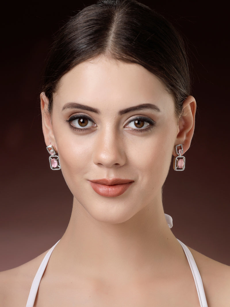 Rhodium Plated with Pink American Diamond Stylish Square Shaped Small Drop Earrings