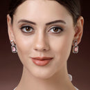 Rhodium Plated with Pink American Diamond Stylish Square Shaped Small Drop Earrings