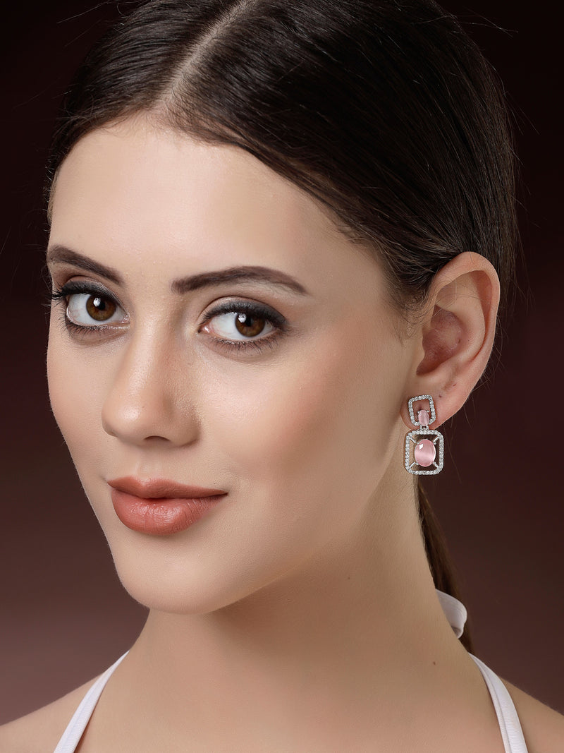 Rhodium Plated with Pink American Diamond Stylish Square Shaped Small Drop Earrings