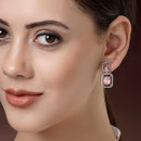 Rhodium Plated with Pink American Diamond Stylish Square Shaped Small Drop Earrings