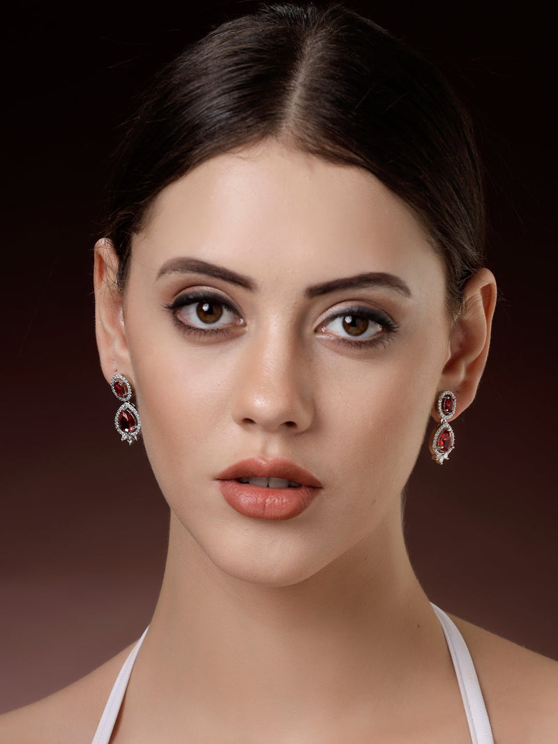Rhodium Plated with Red & White American Diamond Small Drop Earrings