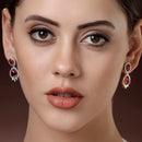 Rhodium Plated with Red & White American Diamond Small Drop Earrings