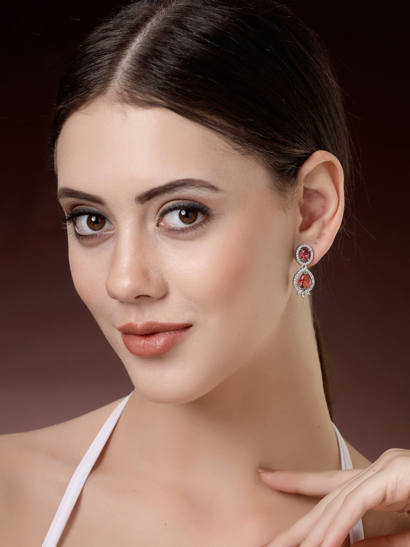 Rhodium Plated with Red & White American Diamond Small Drop Earrings