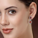 Rhodium Plated with Red & White American Diamond Small Drop Earrings