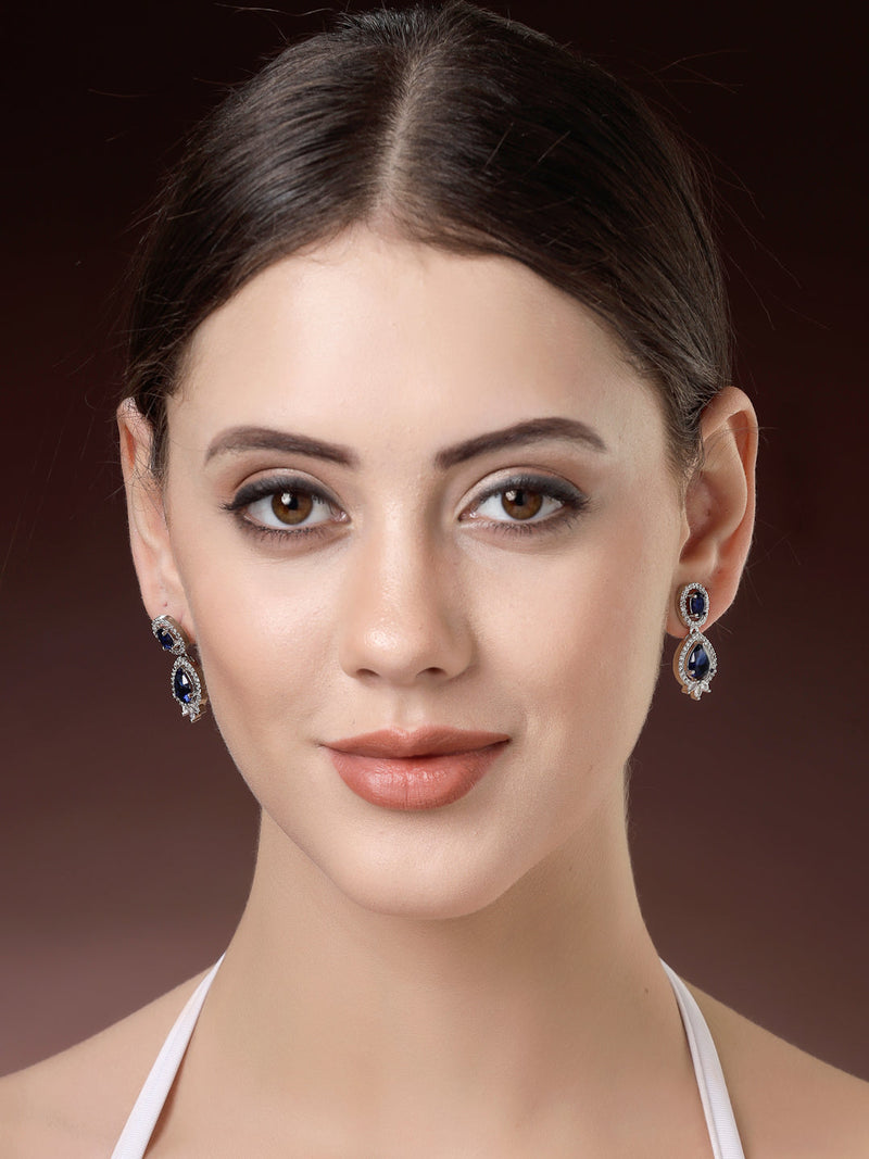 Rhodium Plated with Blue & White American Diamond Small Drop Earrings