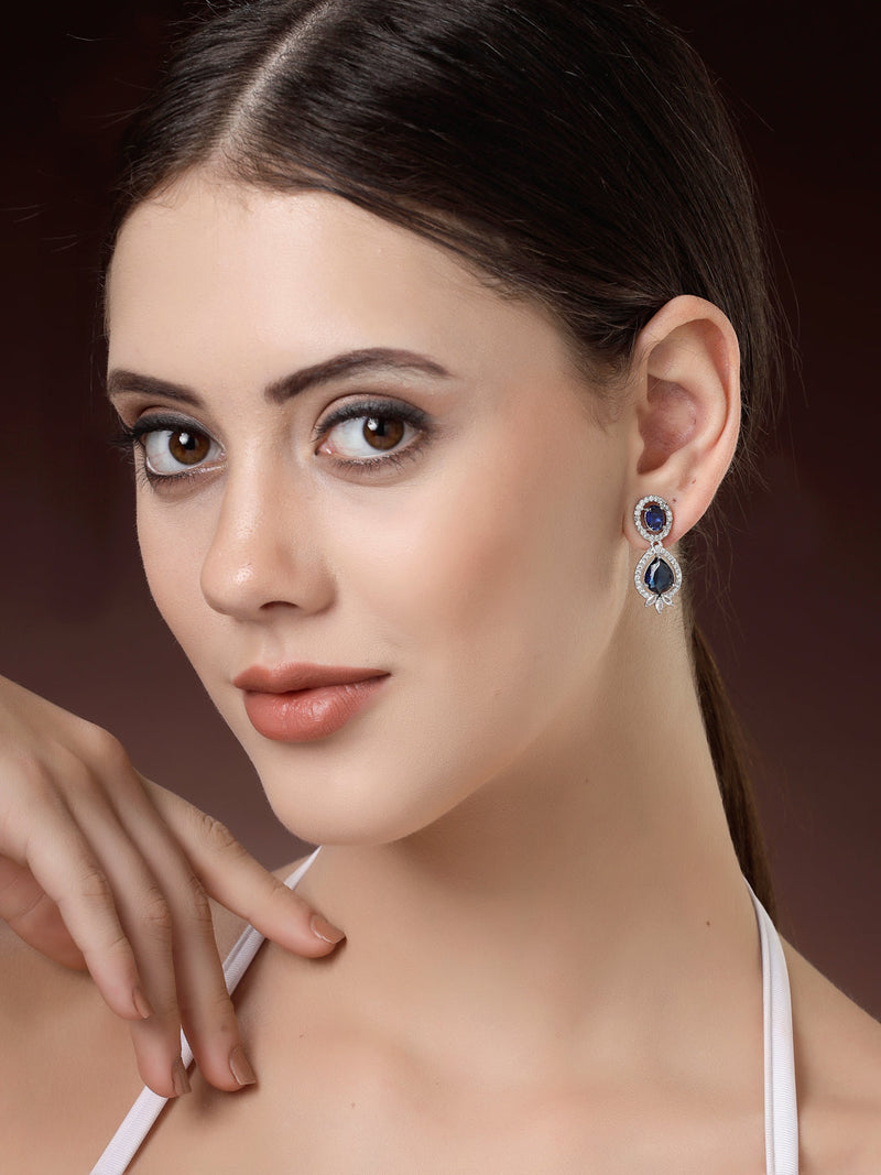 Rhodium Plated with Blue & White American Diamond Small Drop Earrings