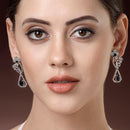 Rhodium Plated with Stylish Flower Design Blue & White American Diamond Small Drop Earrings