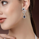 Rhodium Plated Geometric Floral Blue American Diamond Contemporary Long Drop Earrings