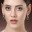Rhodium Plated with Green & White American Diamond Circular & Teardrop Shaped Drop Earrings