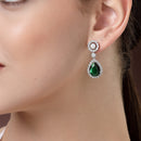 Rhodium Plated with Green & White American Diamond Circular & Teardrop Shaped Drop Earrings