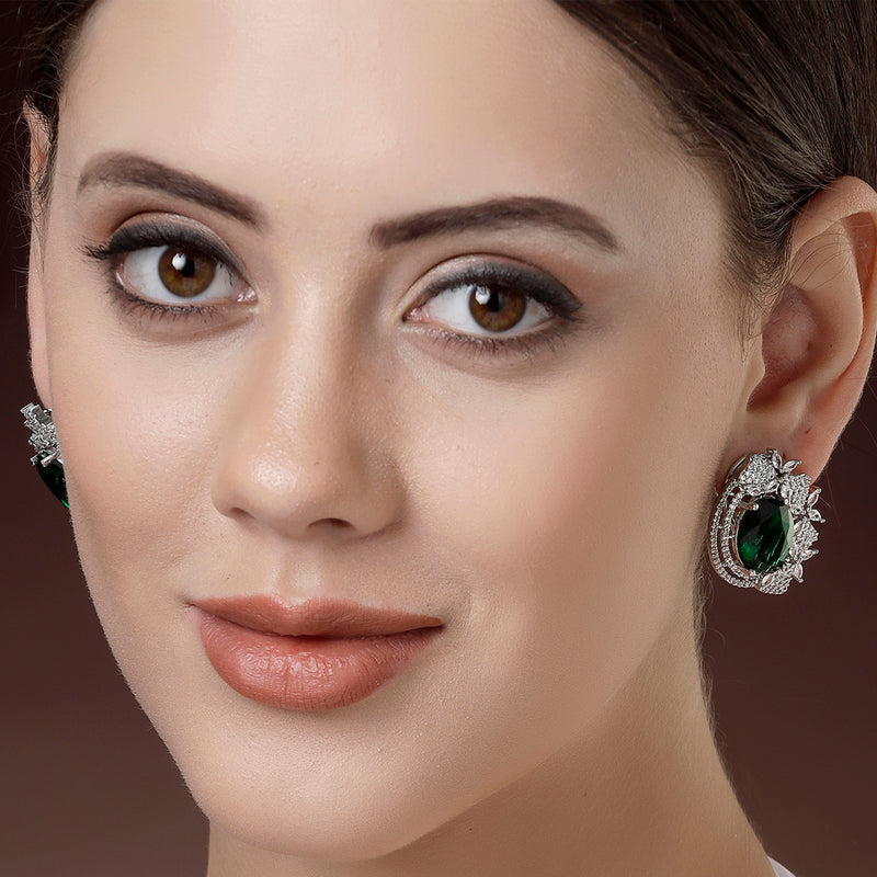 Rhodium Plated Floral Design with Green & White American Diamond Stud Earrings