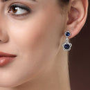 Rhodium Plated with Dual Blue American Diamonds Drop Earrings