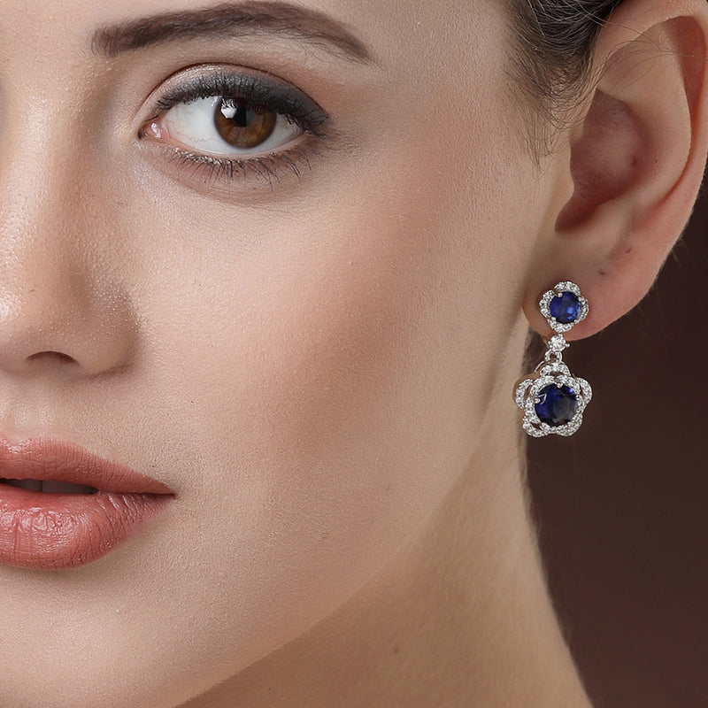 Rhodium Plated with Dual Blue American Diamonds Drop Earrings