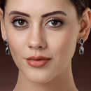 Rhodium Plated Teardrop Blue AD Contemporary Drop Earrings