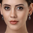 Rhodium Plated Silver Toned with Blue American Diamond Small Drop Earrings