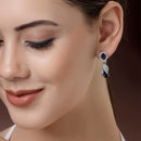 Rhodium Plated Silver Toned with Blue American Diamond Small Drop Earrings