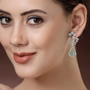 Rhodium Plated Geometric Floral Sea Green American Diamond Contemporary Long Drop Earrings