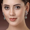 Rhodium Plated Geometric Floral Sea Green American Diamond Contemporary Long Drop Earrings
